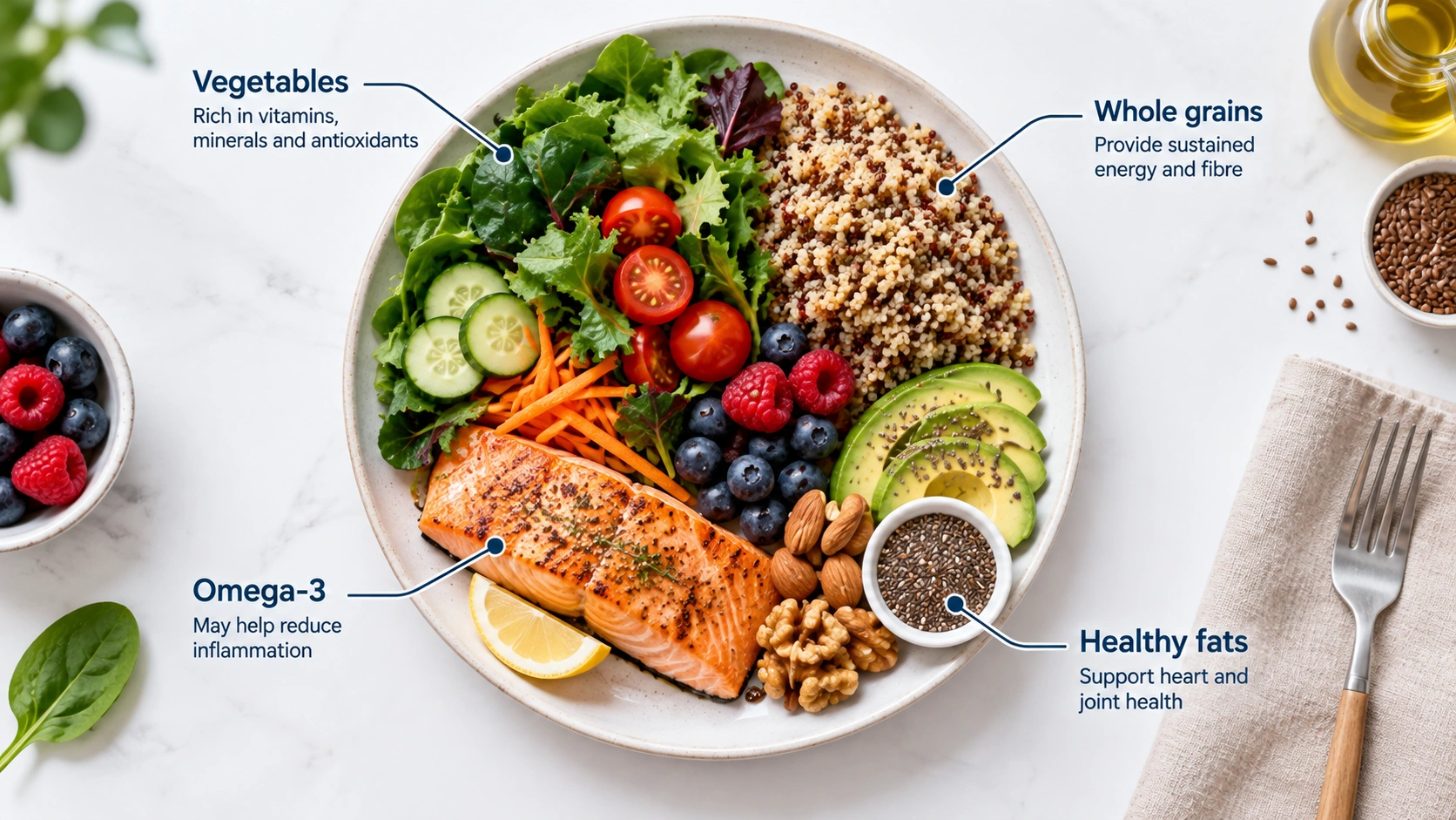 Foods to Avoid with Rheumatoid Arthritis: Managing Inflammation Through Diet 5 Anti-inflammatory plate with vegetables, whole grains, omega-3 foods and healthy fats for rheumatoid arthritis