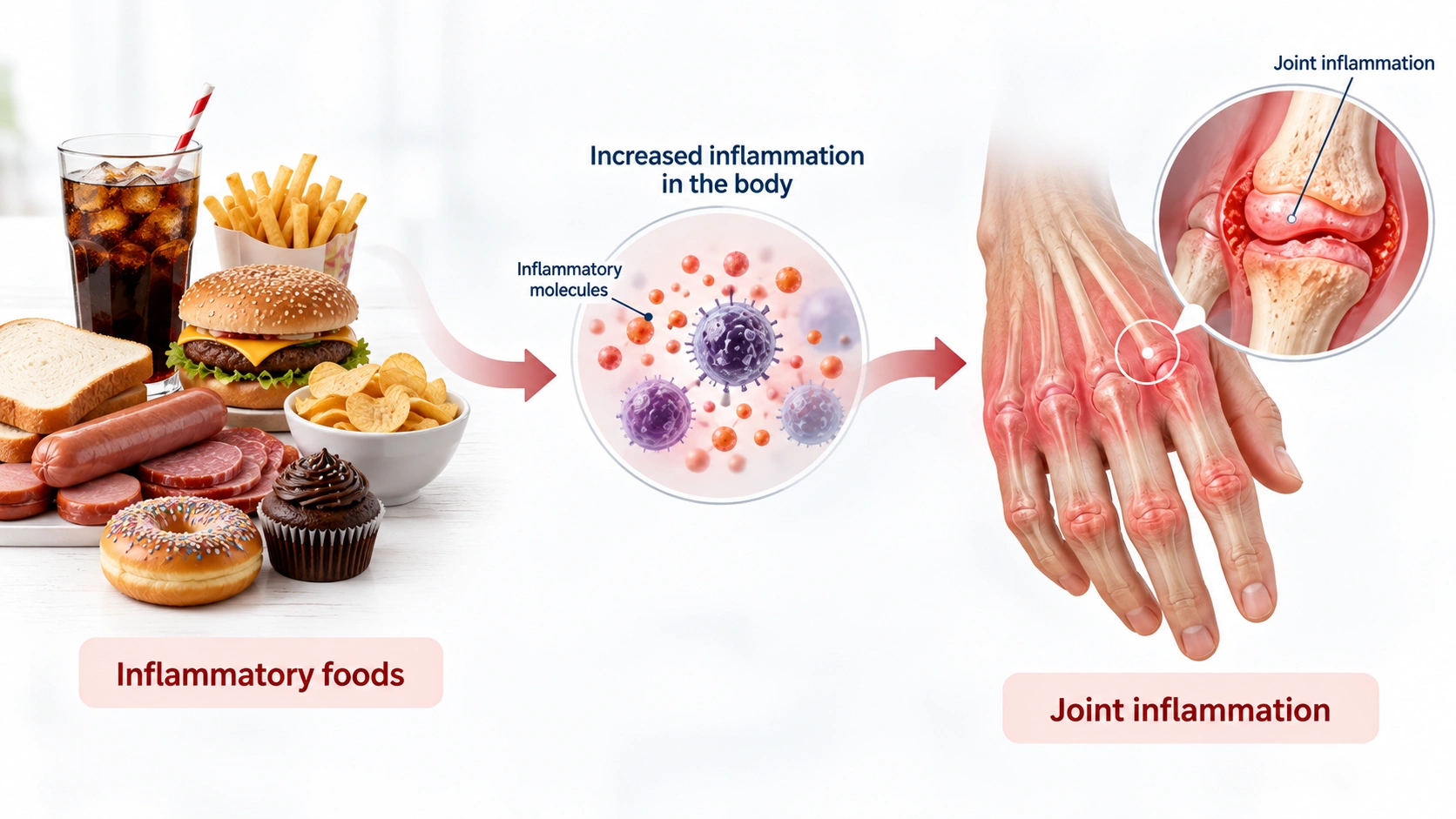 Foods to Avoid with Rheumatoid Arthritis: Managing Inflammation Through Diet 3 Medical illustration showing how an unhealthy dietary pattern may contribute to inflammation in rheumatoid arthritis