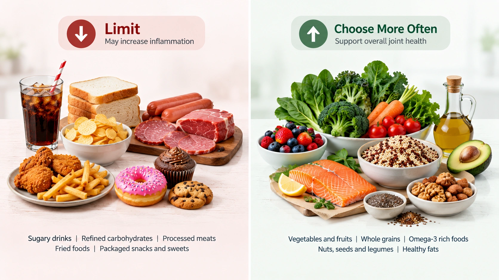 Foods to Avoid with Rheumatoid Arthritis: Managing Inflammation Through Diet 4 Comparison of foods to limit and anti-inflammatory foods to include with rheumatoid arthritis