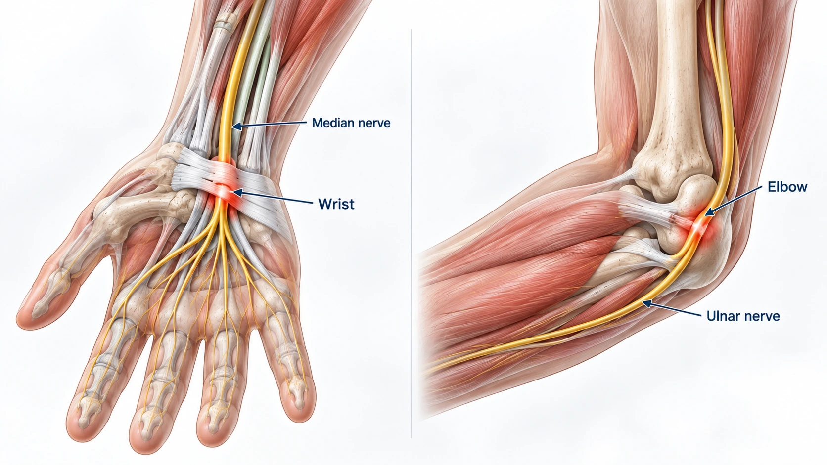Hand Weakness Without Pain: Possible Nerve-Related Causes 5 Medical illustration comparing median nerve compression at the wrist with ulnar nerve compression at the elbow