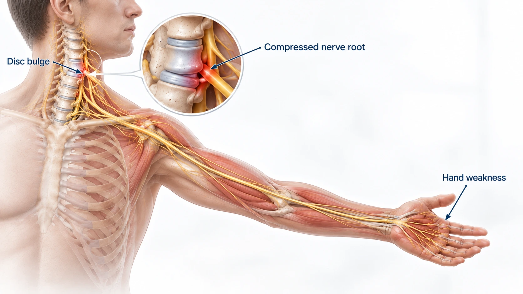 Hand Weakness Without Pain: Possible Nerve-Related Causes 6 Medical illustration showing cervical nerve root compression causing hand weakness