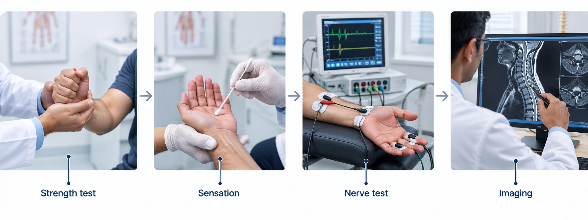 Hand Weakness Without Pain: Possible Nerve-Related Causes 8 Medical illustration showing clinical examination, nerve testing and imaging used to diagnose hand weakness