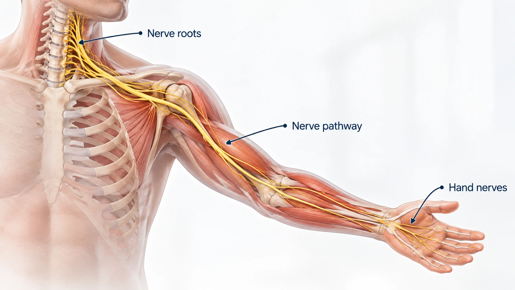 Hand Weakness Without Pain: Possible Nerve-Related Causes 2 Medical illustration showing the nerve pathway from the cervical spine through the arm to the hand