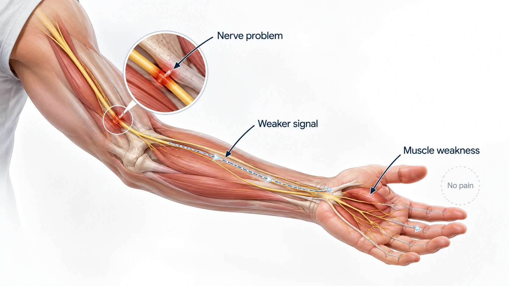 Hand Weakness Without Pain: Possible Nerve-Related Causes 3 Medical illustration showing how a nerve problem can cause hand muscle weakness without pain